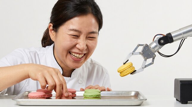 Korean Pastry Maker Laughing Candidly with AI Assistant Making Macarons