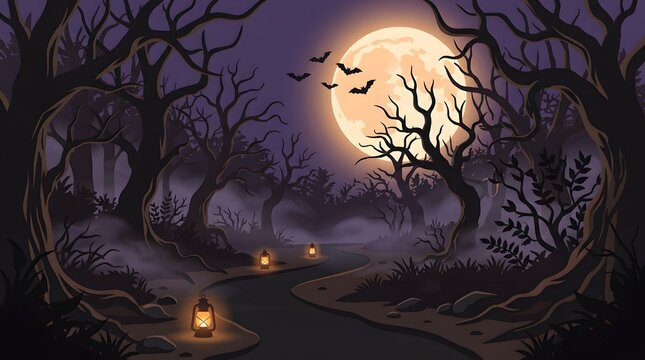 A spooky and mysterious haunted forest background featuring a glowing full moon dark twisted trees and glowing jack o lanterns