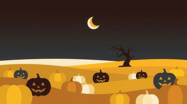 Halloween pumpkin patch with varied pumpkins and single bare tree under crescent moon.