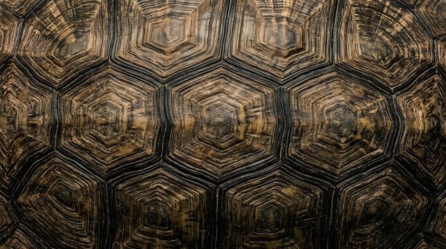 macro close up of giant tortoise shell background showing brown and black hexagonal patterns with natural textures and abstract organic shapes for design