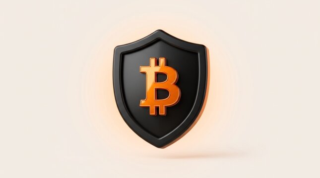 Bitcoin cryptocurrency symbol within a black and orange shield symbolizing security and protection for digital assets and financial transactions.