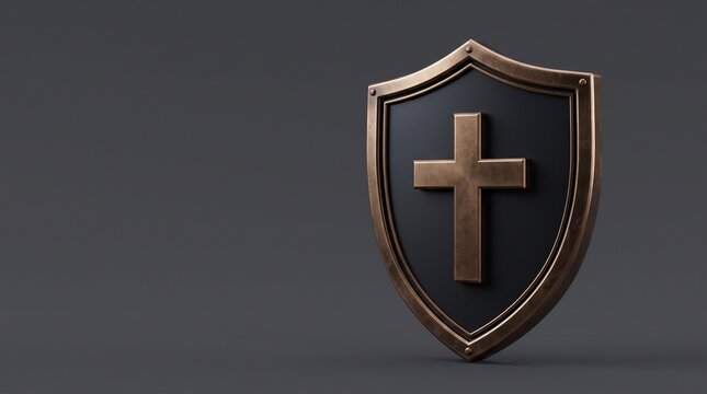 Christian cross symbol on a dark shield with golden trim signifying faith protection and religious security for believers in their spiritual journey.