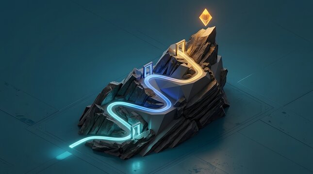 3D mountain peak with glowing path representing business growth and success strategy concept