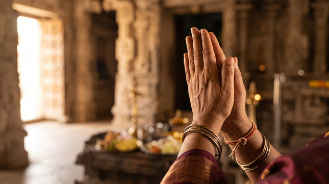 Traditional hands in prayer gesture inside an ancient stone temple