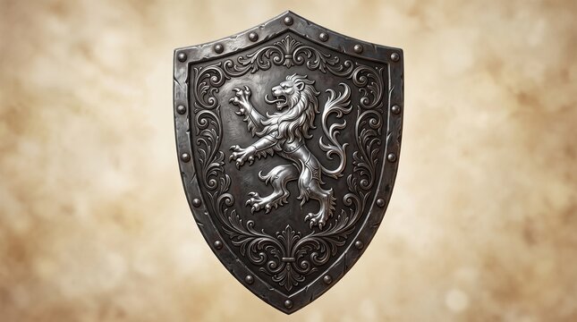 Vintage metallic shield plaque featuring embossed lion crest design with ornate scrolling filigree patterns for historical decorative interior wall accents.