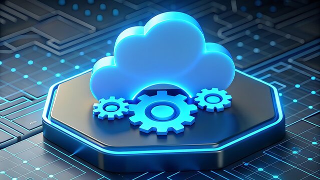 Glowing blue cloud computing symbol with mechanical gears on a digital circuit board background