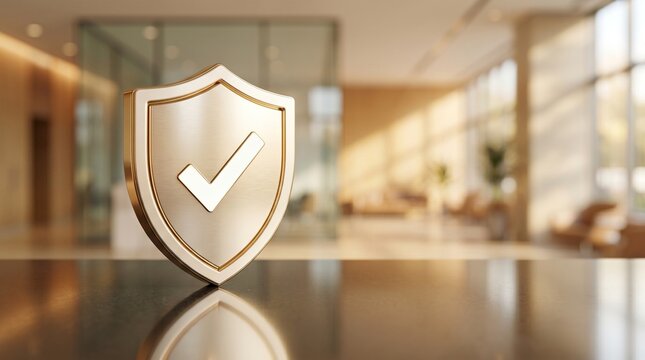 Elegant golden shield badge with embossed checkmark symbol reflecting on polished dark surface for premium business trust branding and corporate security.
