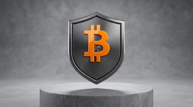 Brushed metal shield featuring orange bitcoin symbol stands on concrete pedestal illustrating solid foundation for decentralized financial security.