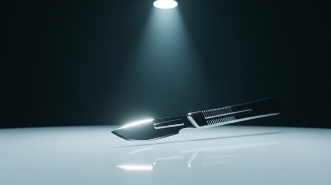 Shiny surgical metal scalpel placed on sterile surface under bright spotlight signifies precise medical blade tool for clinical operation procedures.