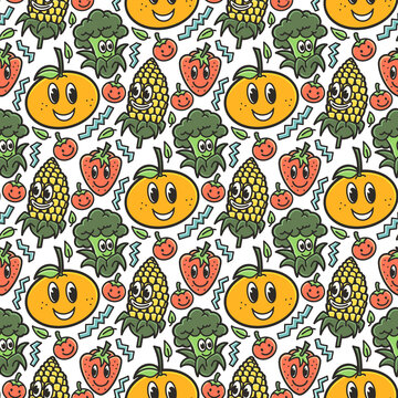 Cute Cartoon Doodles Vegetables and Fruits Seamless Pattern