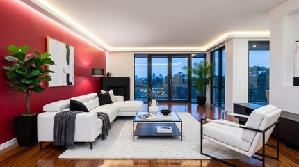 Fototapeta premium Modern Luxury Living Room with Red Accent Wall and City View