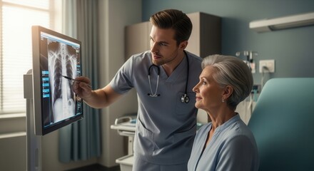 Fototapeta premium Doctor Explaining X-ray Results To Patient In A Modern Hospital Room