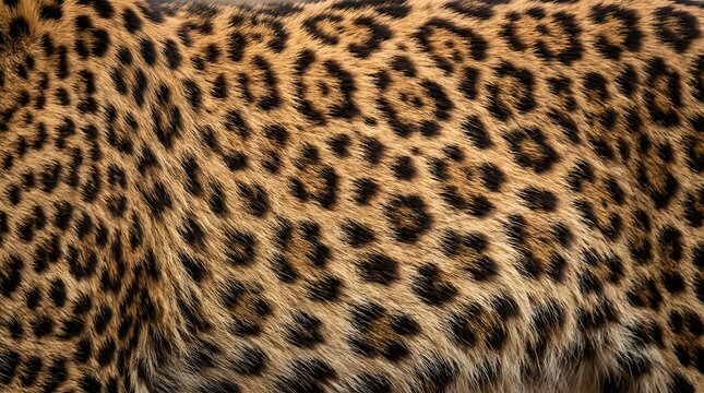 Natural leopard fur texture with detailed spots and rosette patterns in warm golden brown and black tones for animal print background design and fashion use