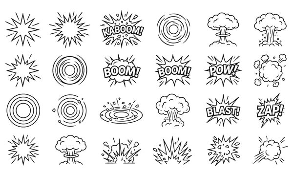 Comic book style explosion and impact line art icons set featuring boom pow kaboom blast sound effects explosion illustration collection mushroom shockwave destruct