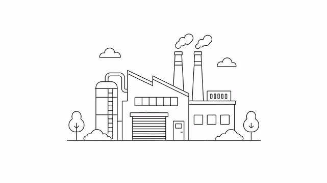 Industrial factory building line art with smokestacks and manufacturing concept

