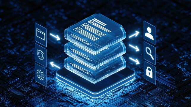 Server stack with glowing data flow icons for digital network security technology