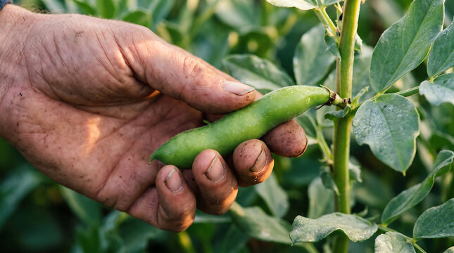 Fresh green broad beans growing on a plant, farmer hand harvesting young fava beans, organic farm produce, healthy food ingredient, sustainable agriculture and fresh vegetables