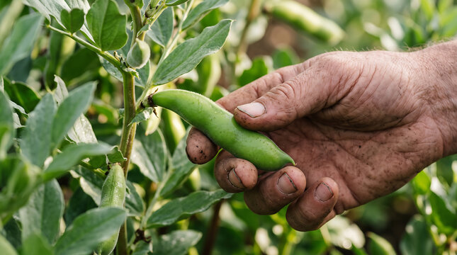 Agricultural worker hand picking fresh broad bean pod from field crop with agricultural agriculture vegetable nutrition ingredient cultivation countryside