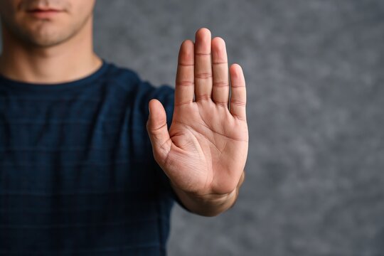 Man showing hand in a stop gesture for prohibition denial and warning of caution