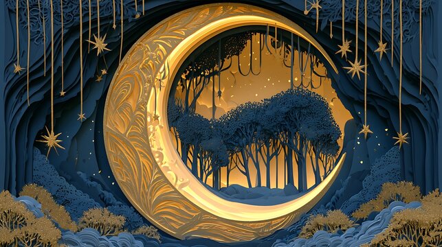 22. A professional 3D paper cut light box. A giant crescent moon acts as a cradle, holding a miniature sleeping forest inside its curve, with stars hanging from the tips on delicate paper threads. 