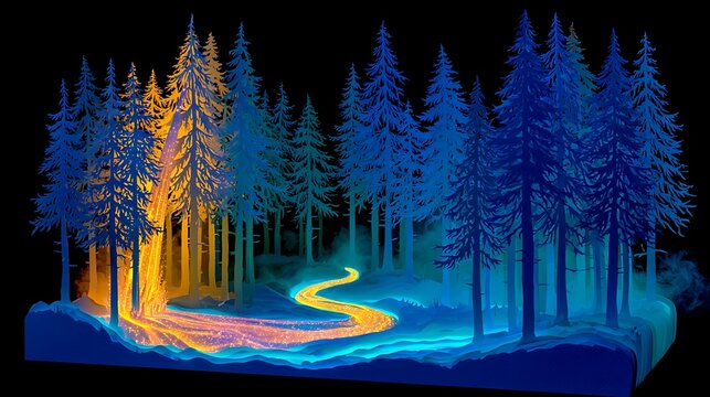 24. A masterclass 3D papercut diorama. A shooting star crashing into a dark forest, turning into a glowing river of liquid stardust that winds between the trees. Magical environmental storytelling, 