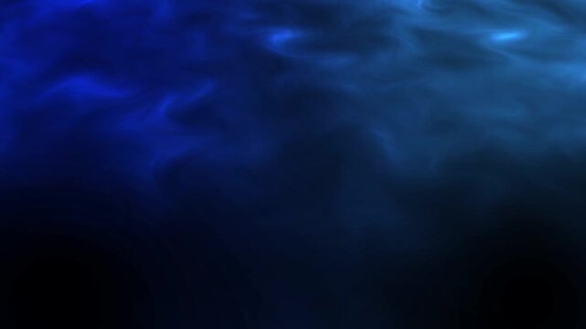 Dark abstract video loop featuring smooth blue smoke waves, atmospheric fog, and glowing light movement for ambient video backdrops.