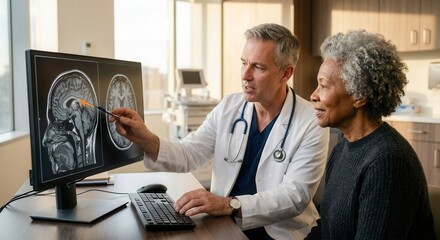 Fototapeta premium Doctor Explains Brain Scan Results To Patient In Medical Office Setting