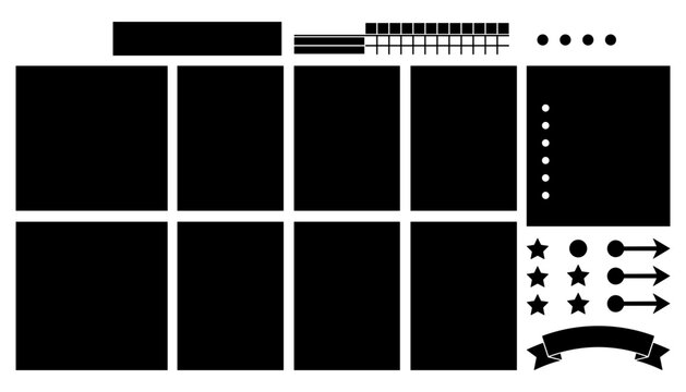Weekly planner template silhouette layout featuring calendar grid frames task checklists bullet points stars arrows ribbons and banner design elements for organization printables