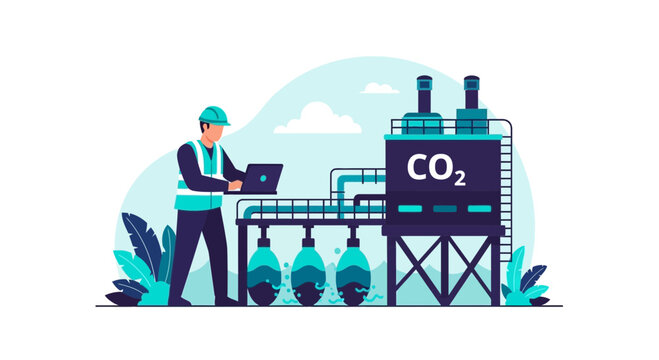 Engineer at Carbon Capture and Storage Facility Monitoring CO2 Levels with Laptop, Flat Illustration for Green Energy, Sustainability, and Climate Change Mitigation