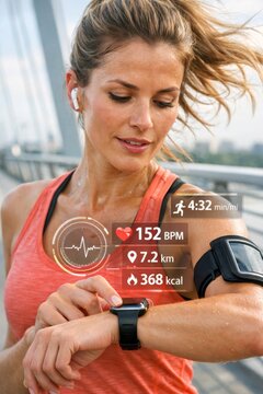 Female runner checking smartwatch with heart rate and distance fitness metrics overlay for workout banner and training app background
