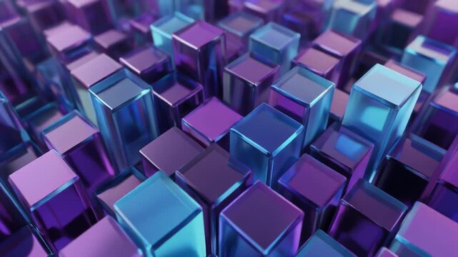 Abstract geometric cubes in motion with purple and blue hues during a digital data flow simulation