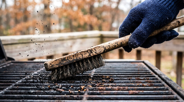 Hand in blue glove cleaning rusty barbecue grill grate with stiff wire brush removing burnt food debris outdoor deck railing.