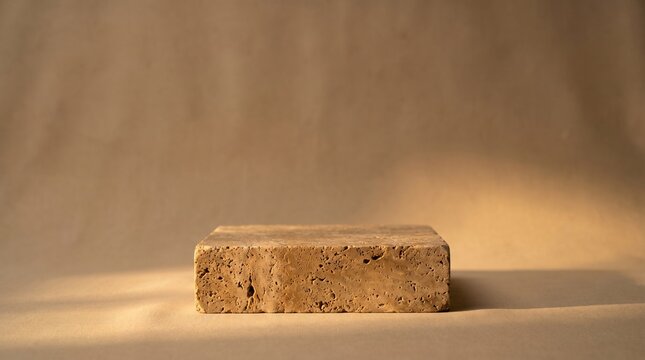 Natural Travertine Stone Podium on Beige Background with Sunlight Shadows
