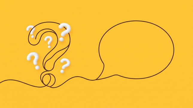 Hand drawn question mark with a blank speech bubble on a yellow background