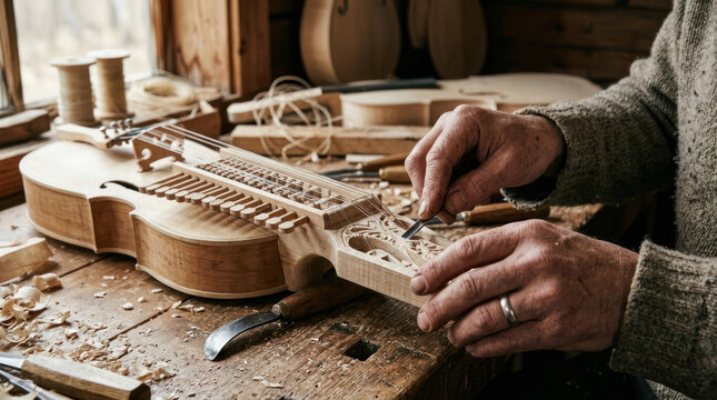 Luthier meticulously crafts a wooden string instrument with precision tools.