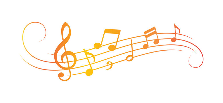 Musical notes and treble clef decorative design isolated on white background. Colorful flowing melody symbols create an elegant artistic accent for music branding invitations and graphic design.