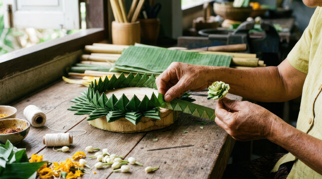 Artisan crafting traditional krathong from banana leaves and flowers.