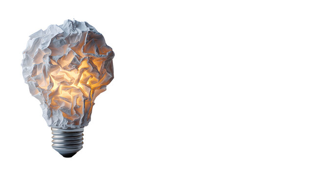 Glowing lightbulb made of crumpled paper, creative brainstorming, business innovation, and overcoming writers block concepts, isolated on transparent background