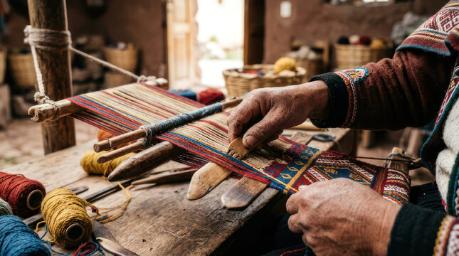 Artisan hands weaving colorful textile on traditional loom.
