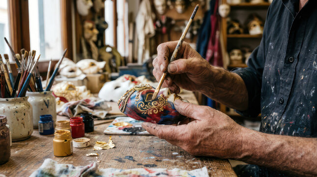 Artist painting a colorful mask in a workshop.