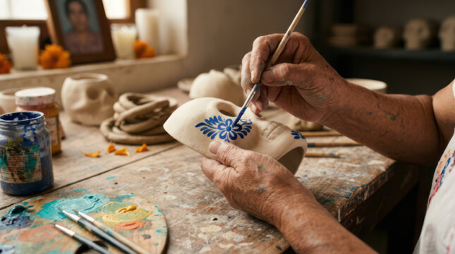 Artist painting intricate blue floral designs on a ceramic skull.