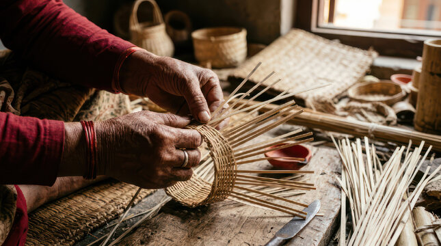Close up of hands weaving a basket with natural materials.