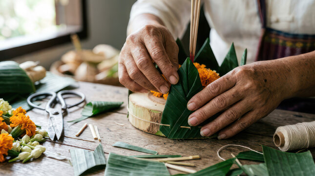 Hands crafting a traditional Thai krathong for Loy Krathong festival 1.