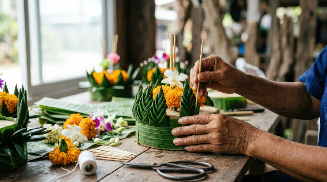 Hands crafting intricate floral arrangements with banana leaves and flowers 1.