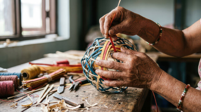 Hands crafting a woven sphere with colorful threads and tools on a wooden table.