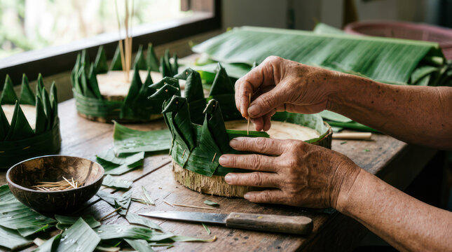 Hands crafting intricate green leaf containers on a wooden table.