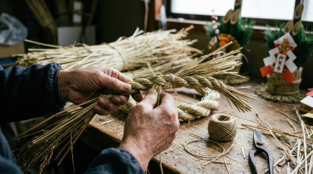 Hands crafting traditional Japanese Kadomatsu decoration from bamboo and pine branches.