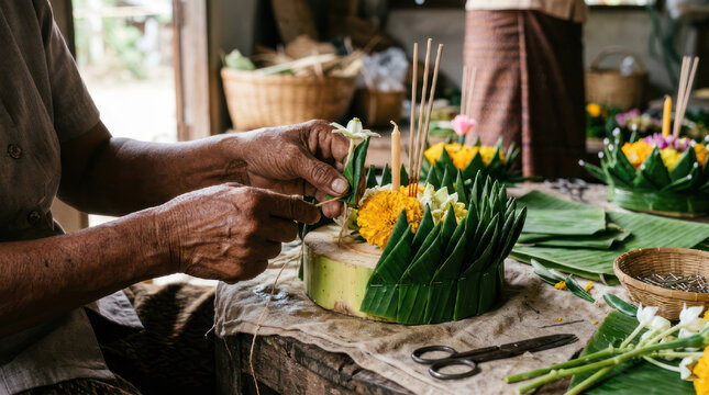 Hands crafting traditional Thai krathong for Loy Krathong festival 1.