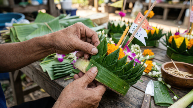 Hands crafting traditional Thai krathong for Loy Krathong festival 3.