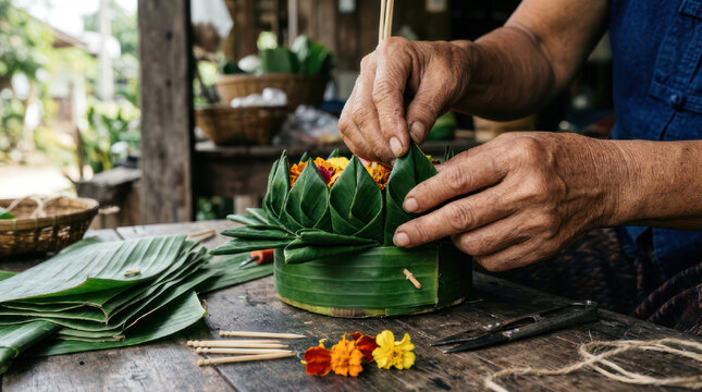 Hands crafting traditional Thai krathong from banana leaves and flowers.